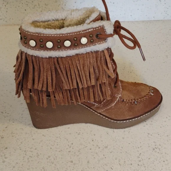 Fringe Suede Wedge Boots - Brown SAM  EDELMAN Size 8.5 Women - Picture 5 of 6